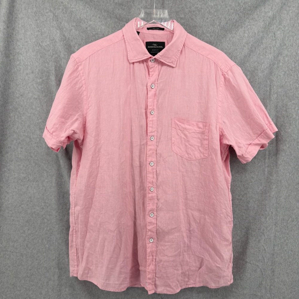 Rodd & Gunn Mens XL Pink 100% Linen Short Sleeve Button Up Shirt Sports Fit